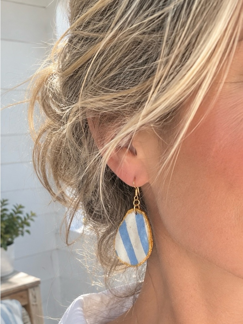 Gold-Trim Blue & White Oyster Shell Striped Drop Earrings